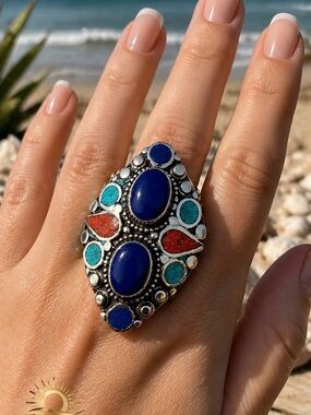 Artisan Tibetan Statement Ring Multicolor Stone Adjustable Silver Tone